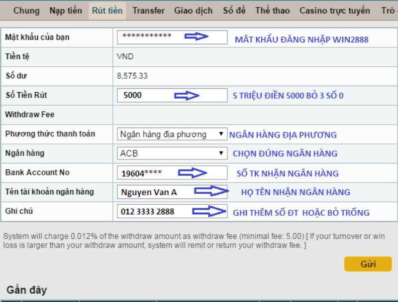 Rút tiền Win2888