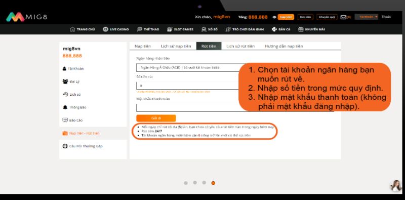 Rút tiền xóc đĩa Mig8