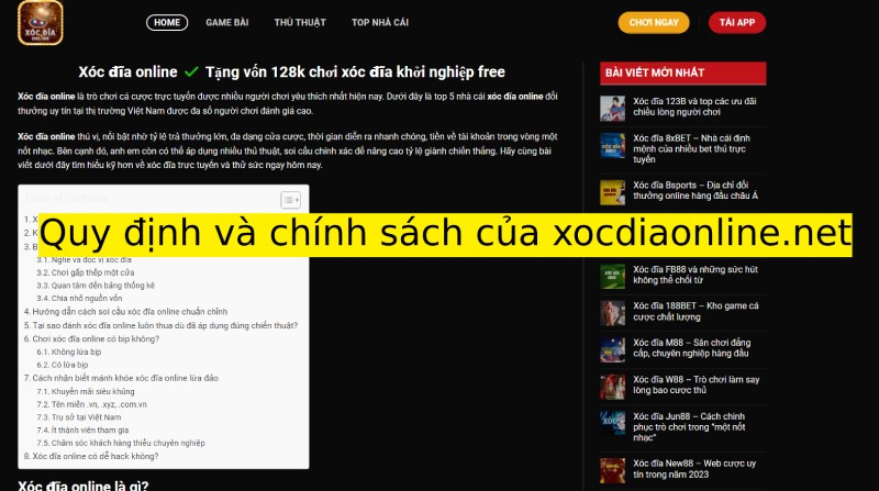 Chính sách tại Xóc đĩa online
